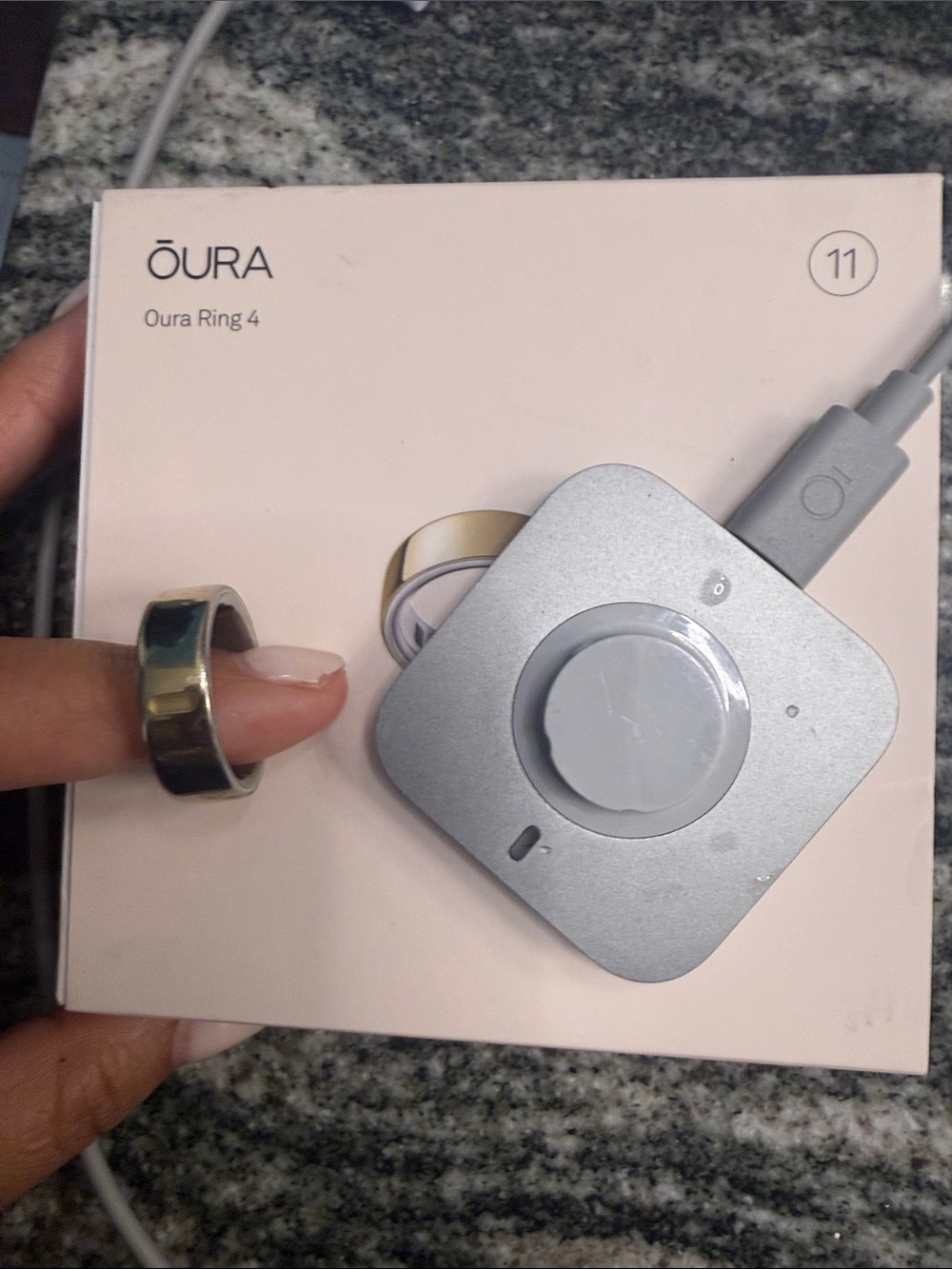 Oura Gold Ring Size 11 & Silver Charging Dock with Gray Cable